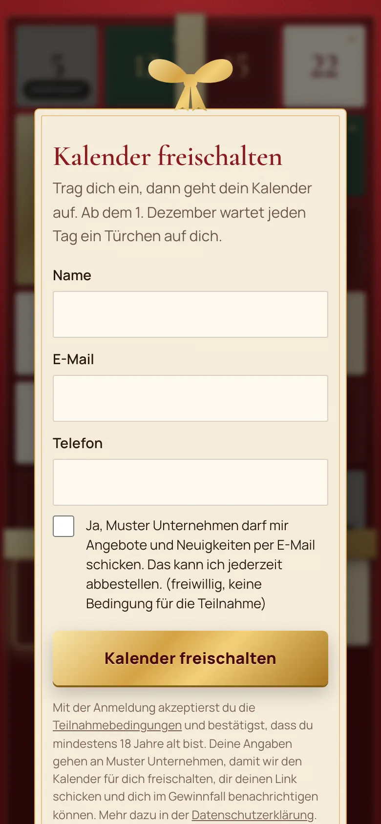 Anmeldung, die als Karte auf dem Kalender liegt