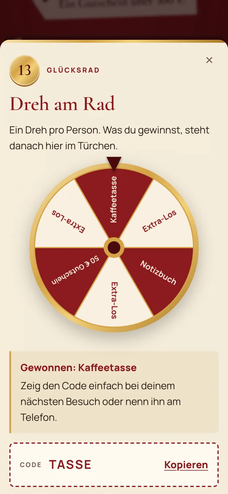 Glücksrad mit gewonnenem Preis und Code