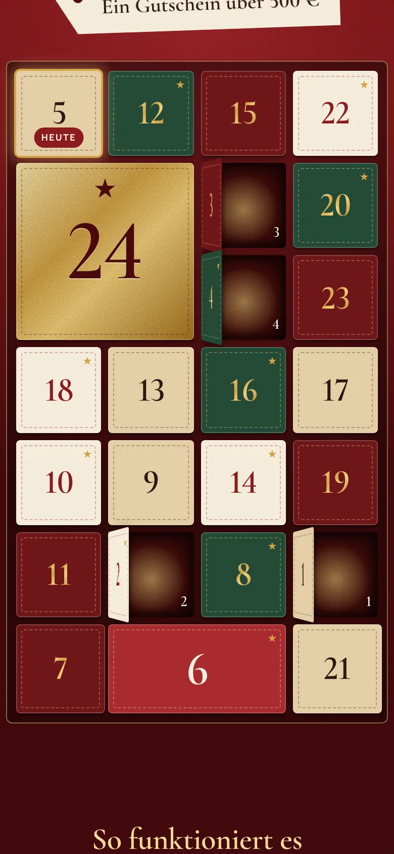 Kalender mit 24 Türchen, die ersten sind schon offen