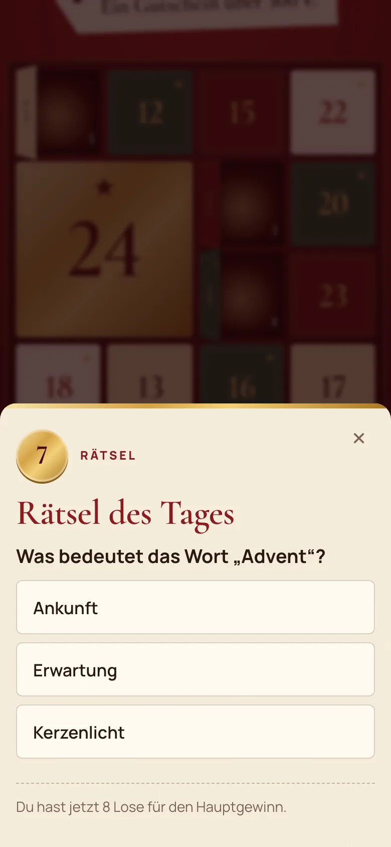 Geöffnetes Türchen mit dem Rätsel des Tages